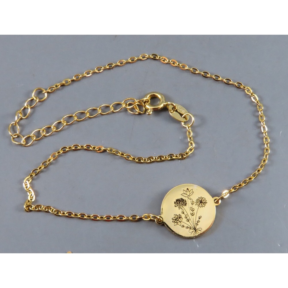 14K GOLD PLATE Sterling Silver BRACELET OR ANKLET Flower Engraved Disc 8-10"
